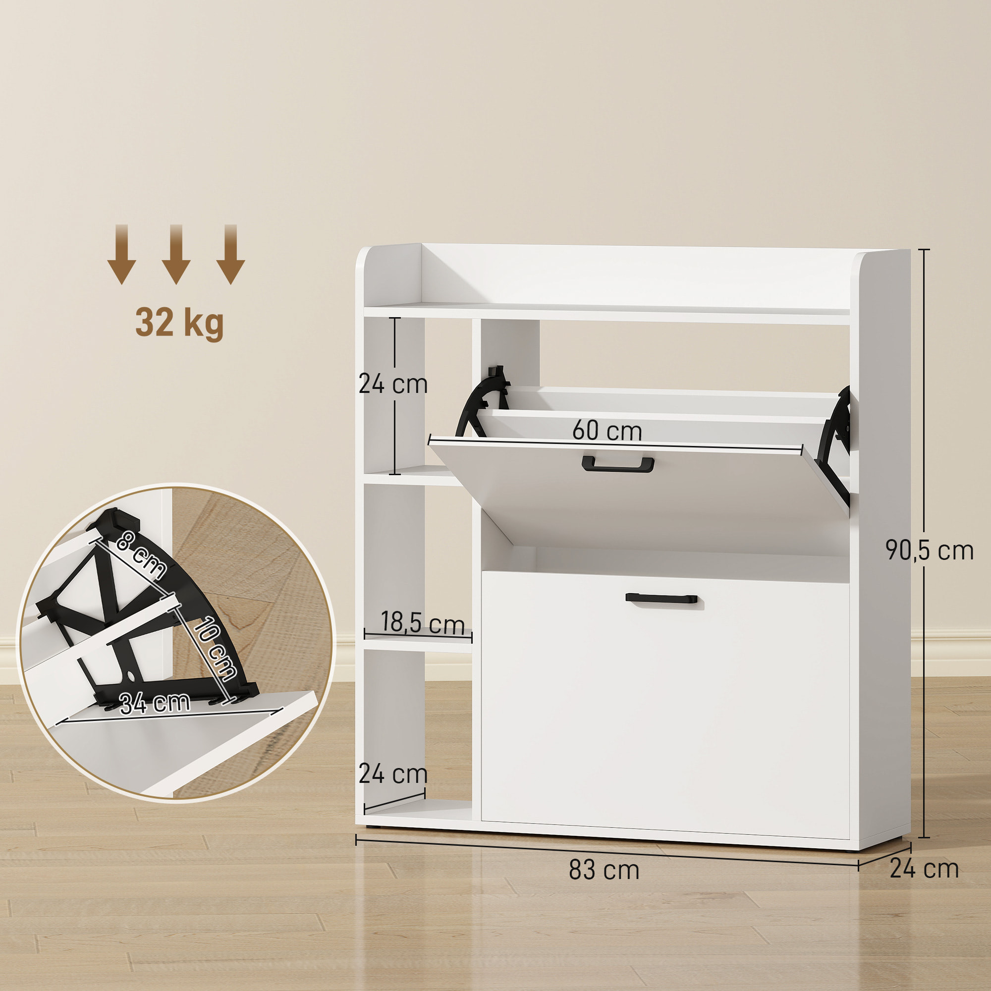 Zapatero Estrecho 2 Puertas, Mueble Zapatero con 3 Estantes Laterales y Estantes Ajustables, para 15 Pares de Zapatos, para Pasillo, Entrada, Espacio Reducido, 83x24x90,5 cm, Blanco