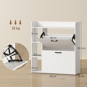 Zapatero Estrecho 2 Puertas, Mueble Zapatero con 3 Estantes Laterales y Estantes Ajustables, para 15 Pares de Zapatos, para Pasillo, Entrada, Espacio Reducido, 83x24x90,5 cm, Blanco