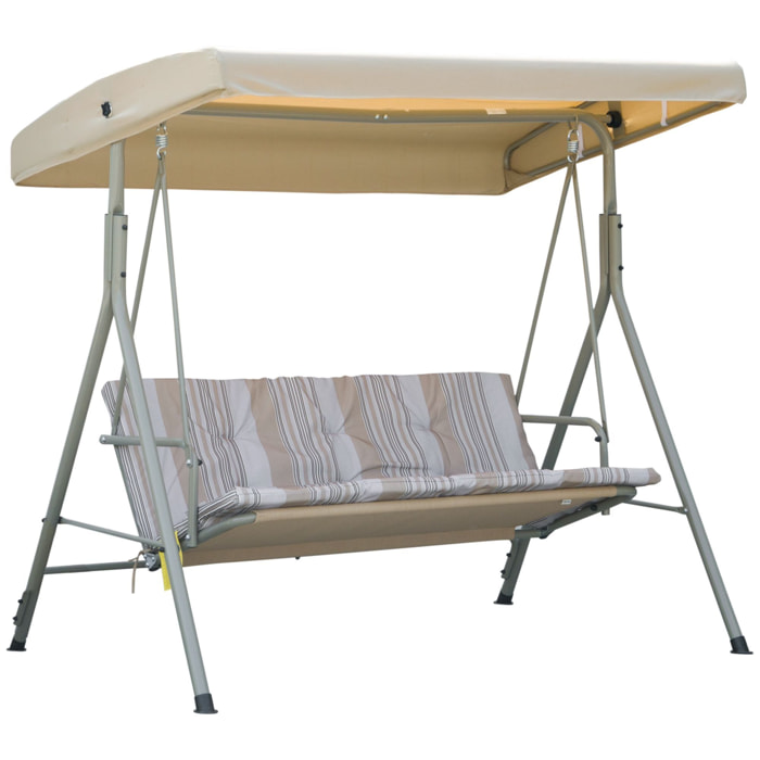 Balancelle de Jardin 3 Places Grand Confort Toit Inclinaison réglable épais Coussins Amovibles Polyester Acier époxy marron clair