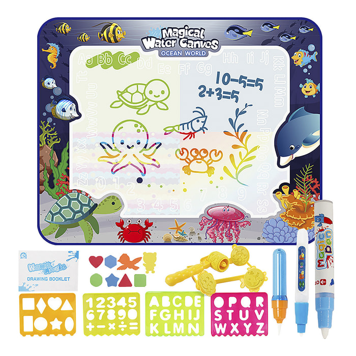 Pizarra infantil para dibujar con agua de 100x80cm. Diseño peces. Incluye 3 rotuladores de agua, plantillas de dibujo y escritura, 4 tampones con formas y 8 figuras de EVA.