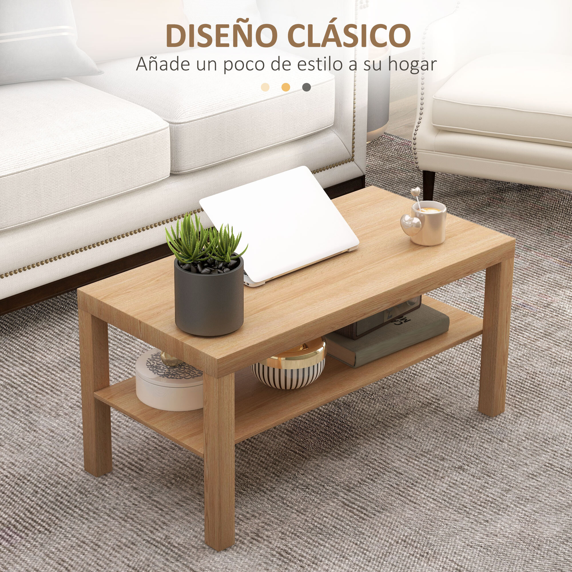 Mesa de Centro Mesa baja para Salón con 2 Estantes de Almacenamiento para Sala de Estar Dormitorio 90x45x44,5 cm Natural