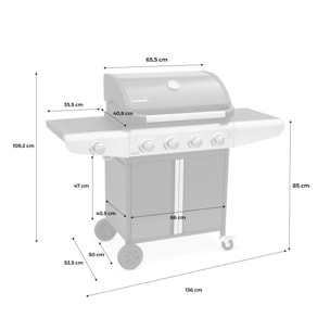 Barbecue au gaz - Bazin  Gris anthracite -  Cuisine extérieure 5 brûleurs dont 1 feu latéral avec tablettes et thermomètre. rangement. roues