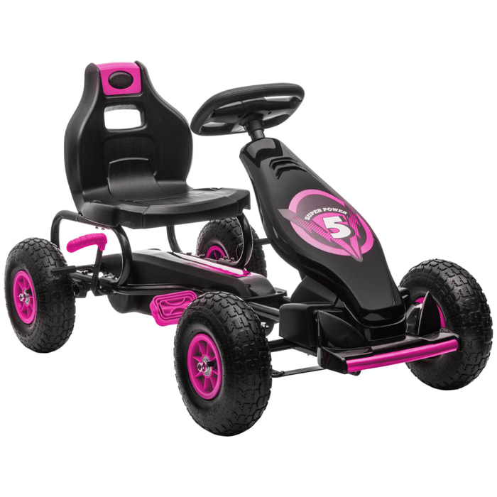 Kart à pédales enfant Go kart Formule 1 Racing Super Power 5 aileron avant pneus gonflables caoutchouc noir rose