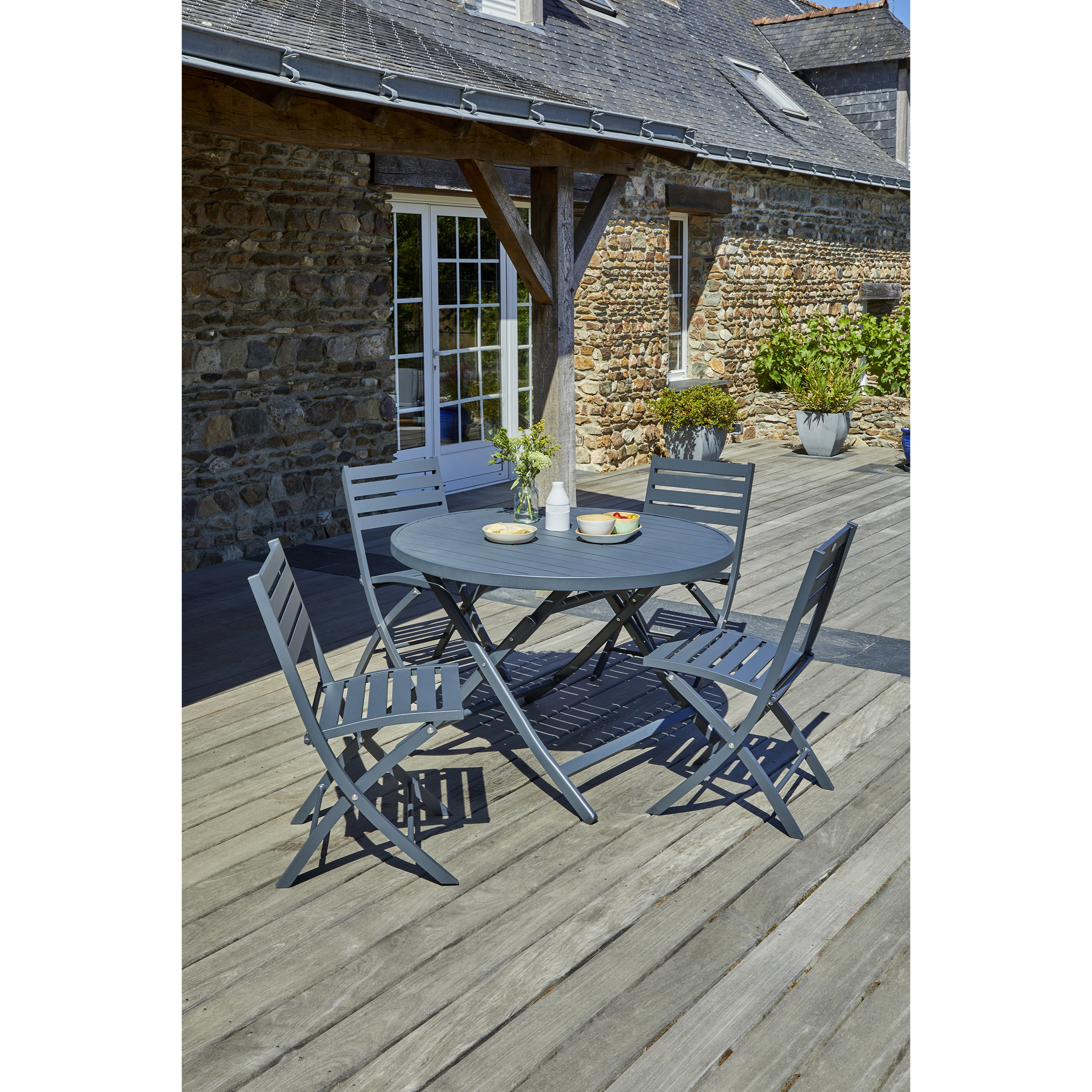 MARIUS - Ensemble repas de jardin 4 places en aluminium gris anthracite