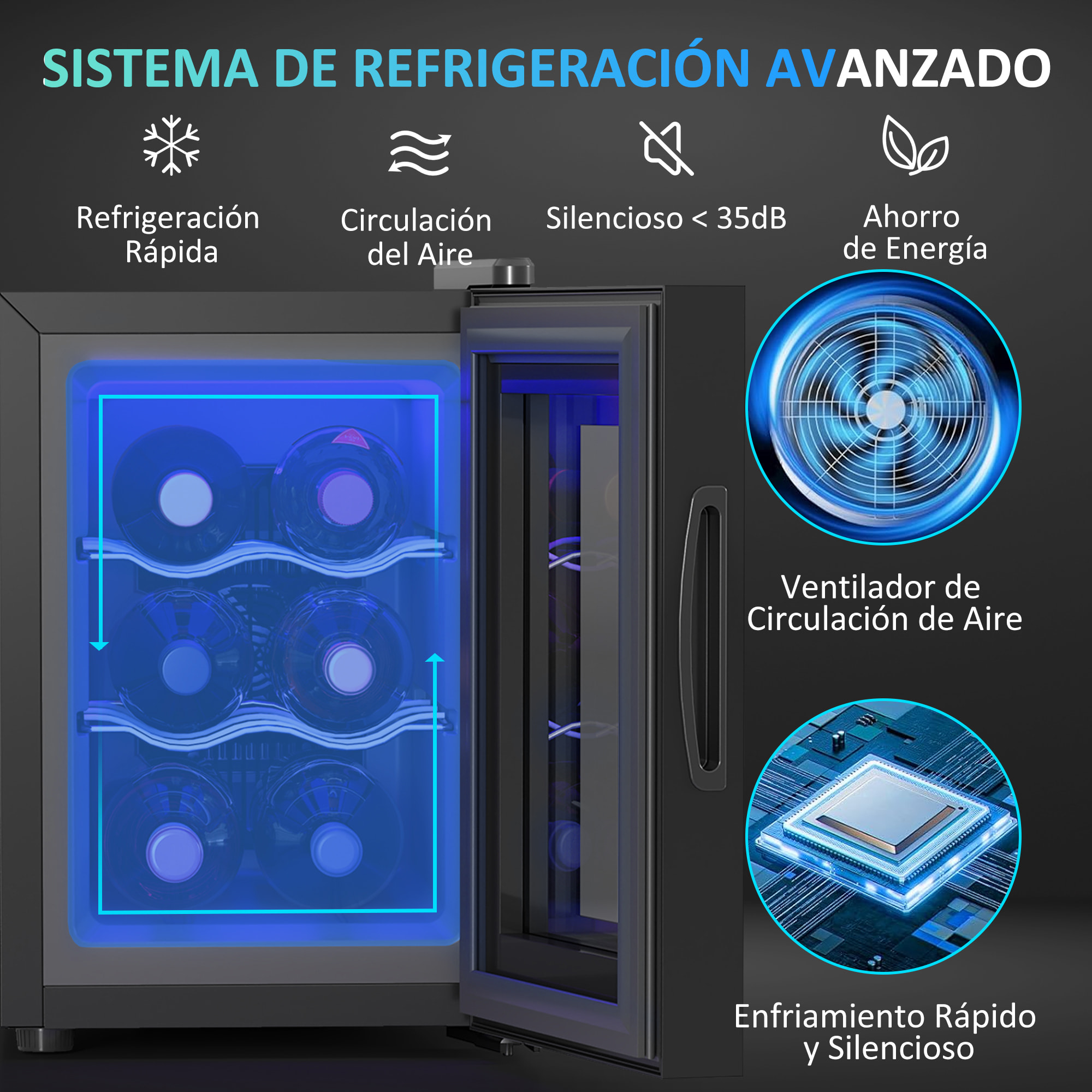 Nevera Vinos 6 Botellas 17L Vinoteca Silenciosa con Luz LED Interior Pantalla LED Táctil Temperatura Regulable 8-18 ℃ Puerta de Vidrio Templado Anti-UV y 2 Estantes Ajustables Negro