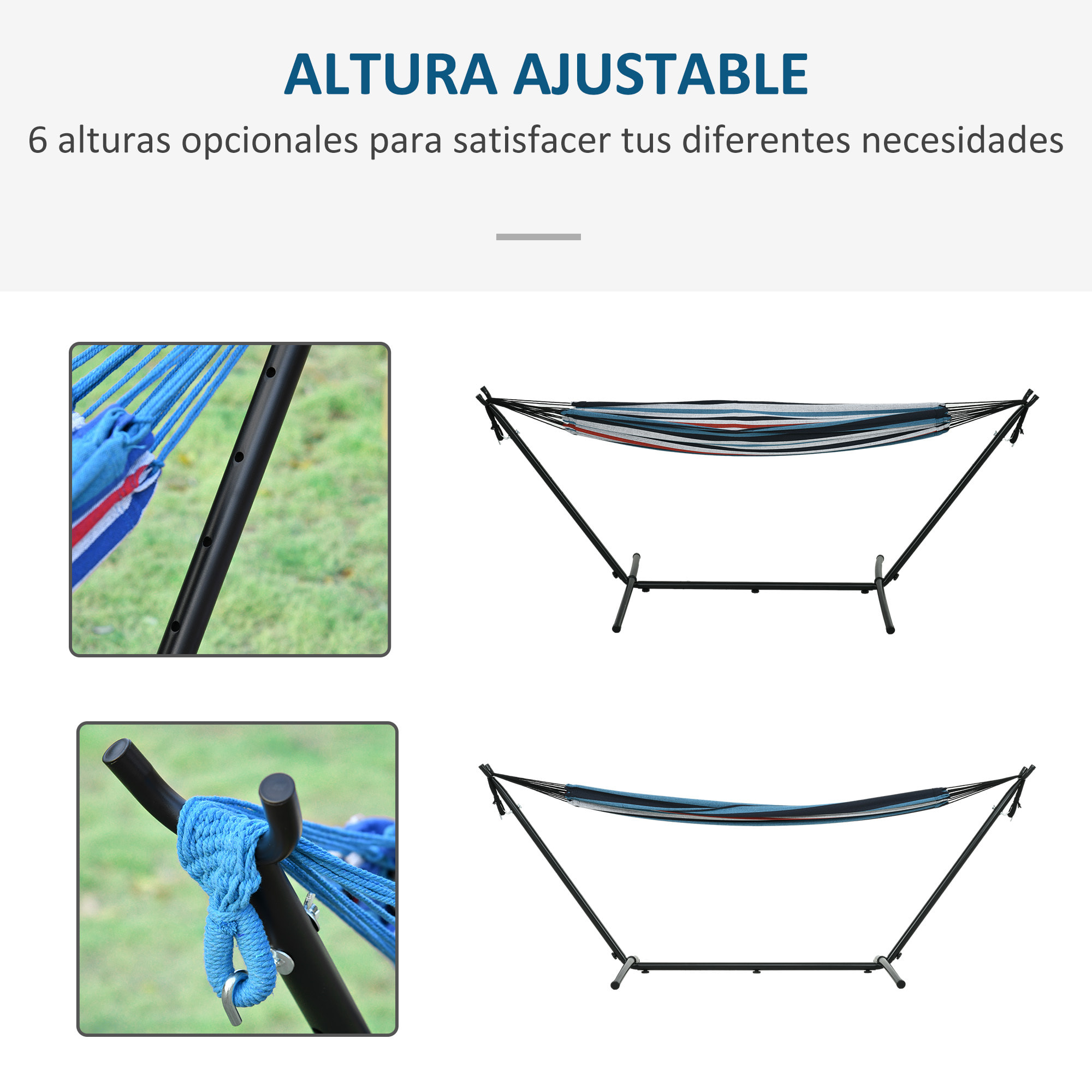 Hamaca con Soporte 310x117 cm Hamaca de Camping con Bolsa de Transporte Portátil Altura Ajustable Carga 120 kg para Patio Terraza Rayas Azul y Blanco