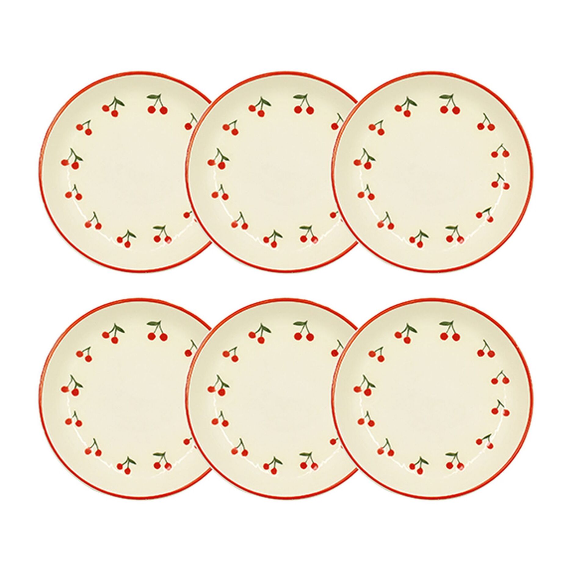 Lot de 6 assiettes creuses 20,5cm en grès rouge et blanc motif cerise CERISE