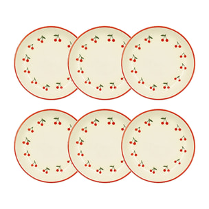 Lot de 6 assiettes creuses 20,5cm en grès rouge et blanc motif cerise CERISE