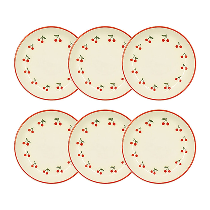Lot de 6 assiettes creuses 20,5cm en grès rouge et blanc motif cerise CERISE