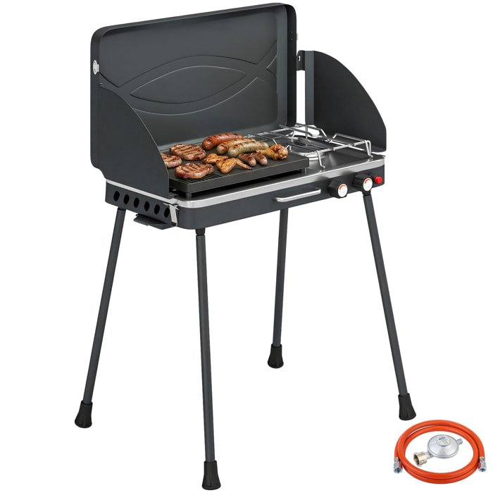 Outsunny Barbacoa de Gas Portátil 2 en 1, Barbacoa de Gas Propano 7 kW de Mesa o de Pie con Plancha Grande, Patas Desmontables, Protectores de Viento, para Picnic, Camping, Negro