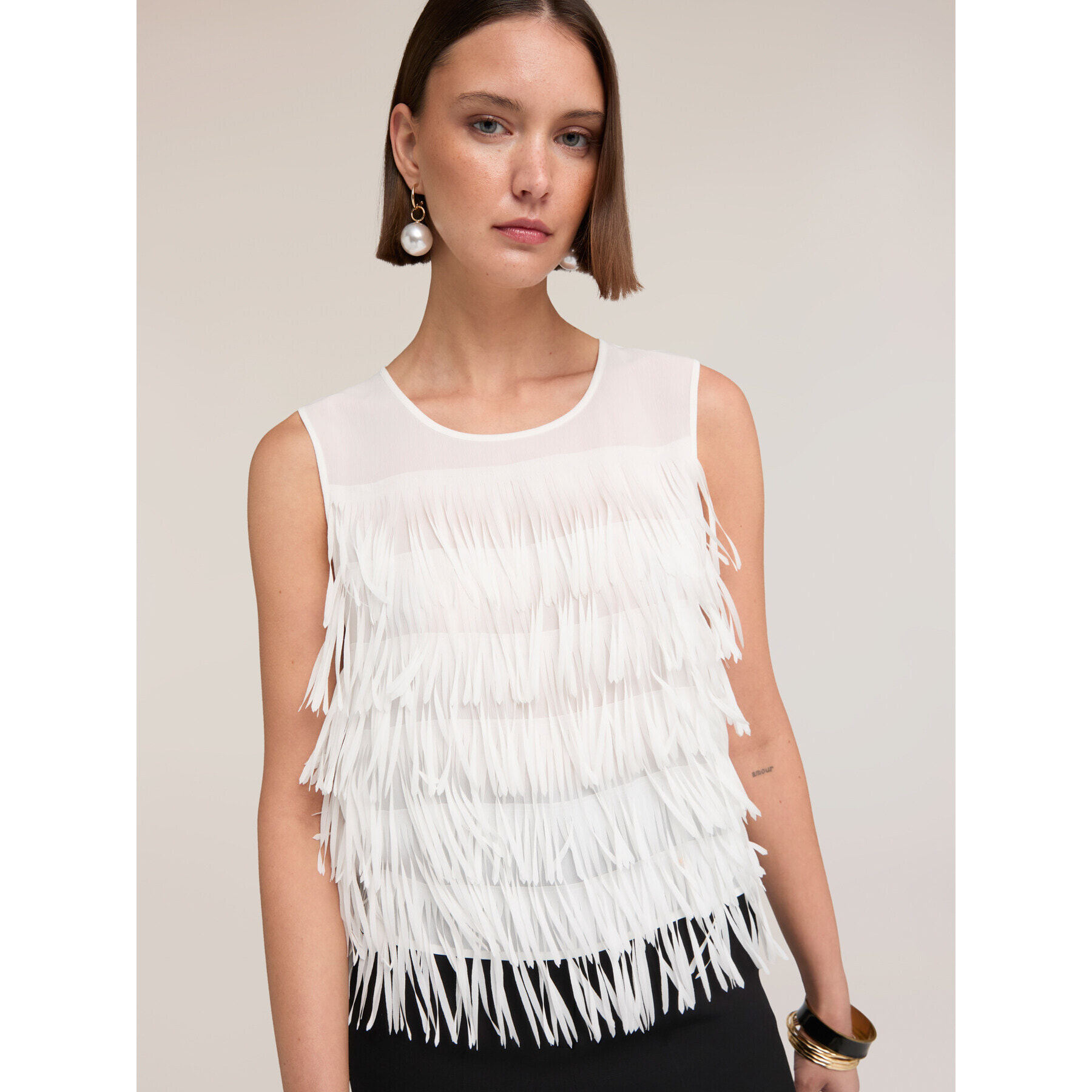 Motivi - Top de georgette con flecos - Blanco