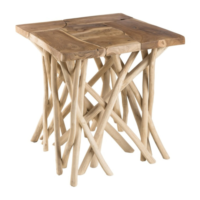 CLARA - Table d'appoint nature - plateau carré 55x55cm Teck pieds bois flotté