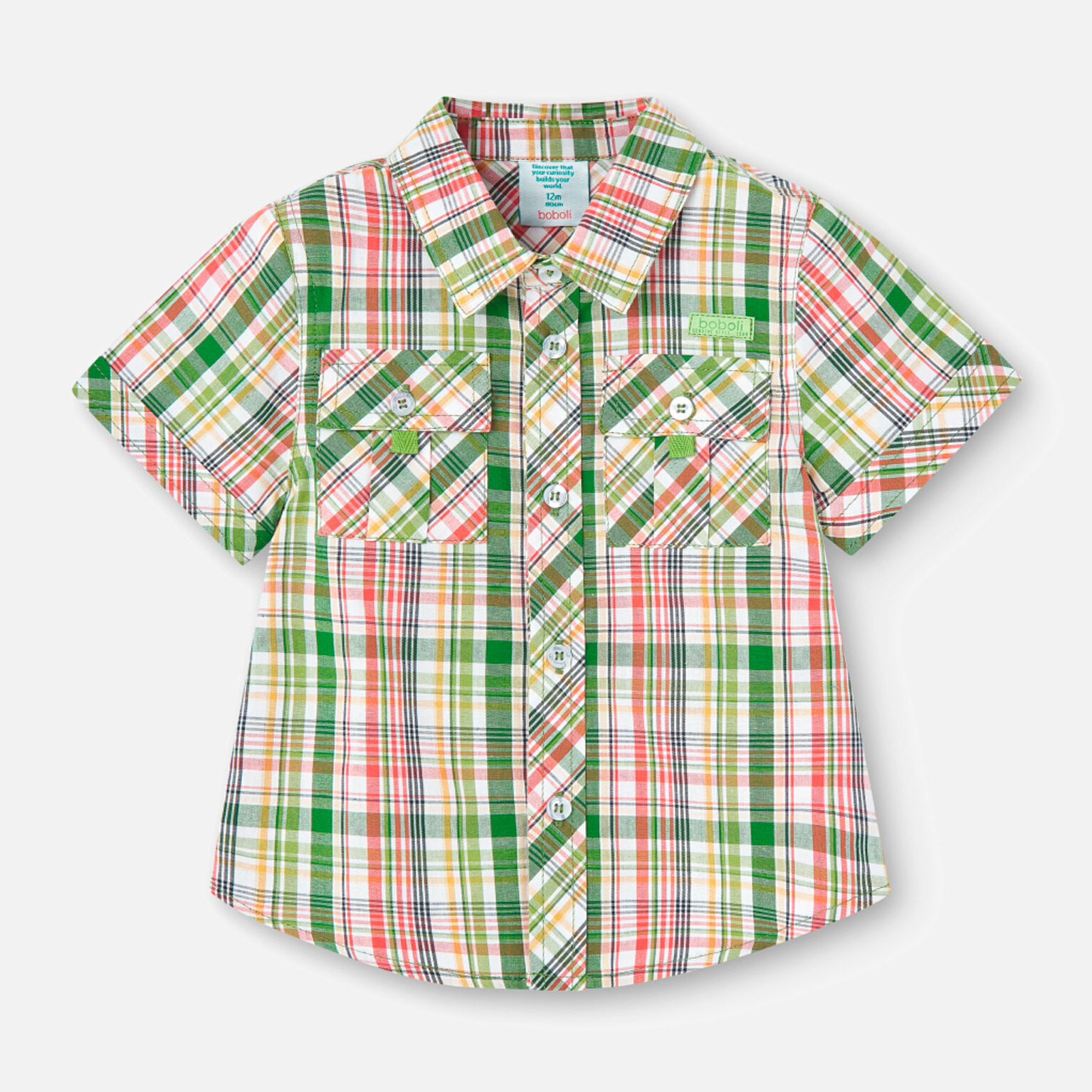 Camisa niño, popelÃ­n, estampado cuadros, verde