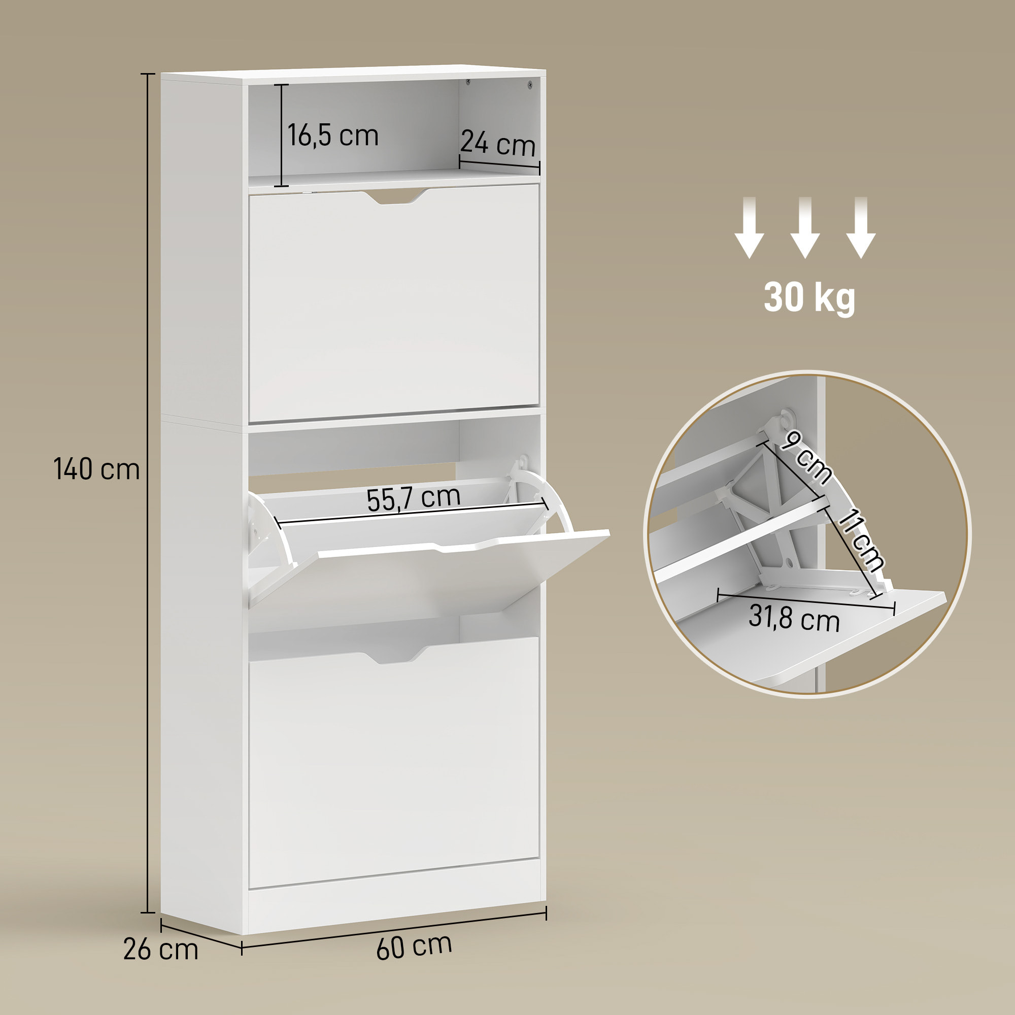 Zapatero Estrecho con 3 Cajones Abatibles, Zapatero Entrada Recibidor Alto con Estantes Ajustables y Compartimento Abierto, para 12-18 Pares de Zapatos, Blanco