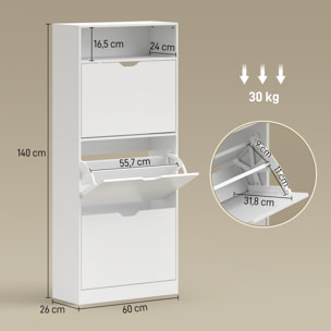 Zapatero Estrecho con 3 Cajones Abatibles, Zapatero Entrada Recibidor Alto con Estantes Ajustables y Compartimento Abierto, para 12-18 Pares de Zapatos, Blanco