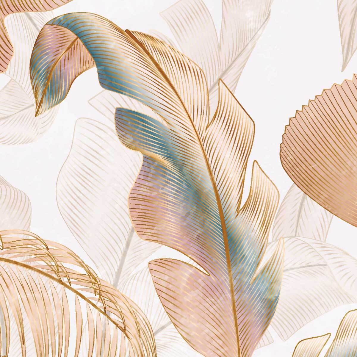 Papier peint feuillage tropical pastel doré ambiance douce Intissé