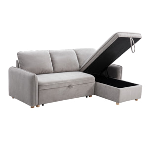Canapé d'angle convertible réversible avec coffre 3 places en tissu chenille gris et bois clair ORSO