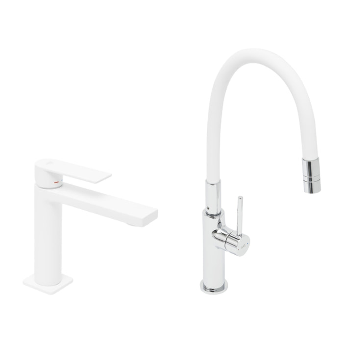 set mitigeur lavabo à levier sans vidage + mitigeur cuisine bec flexible, aérateur Neoperl®, blanc (SATBSD271B)