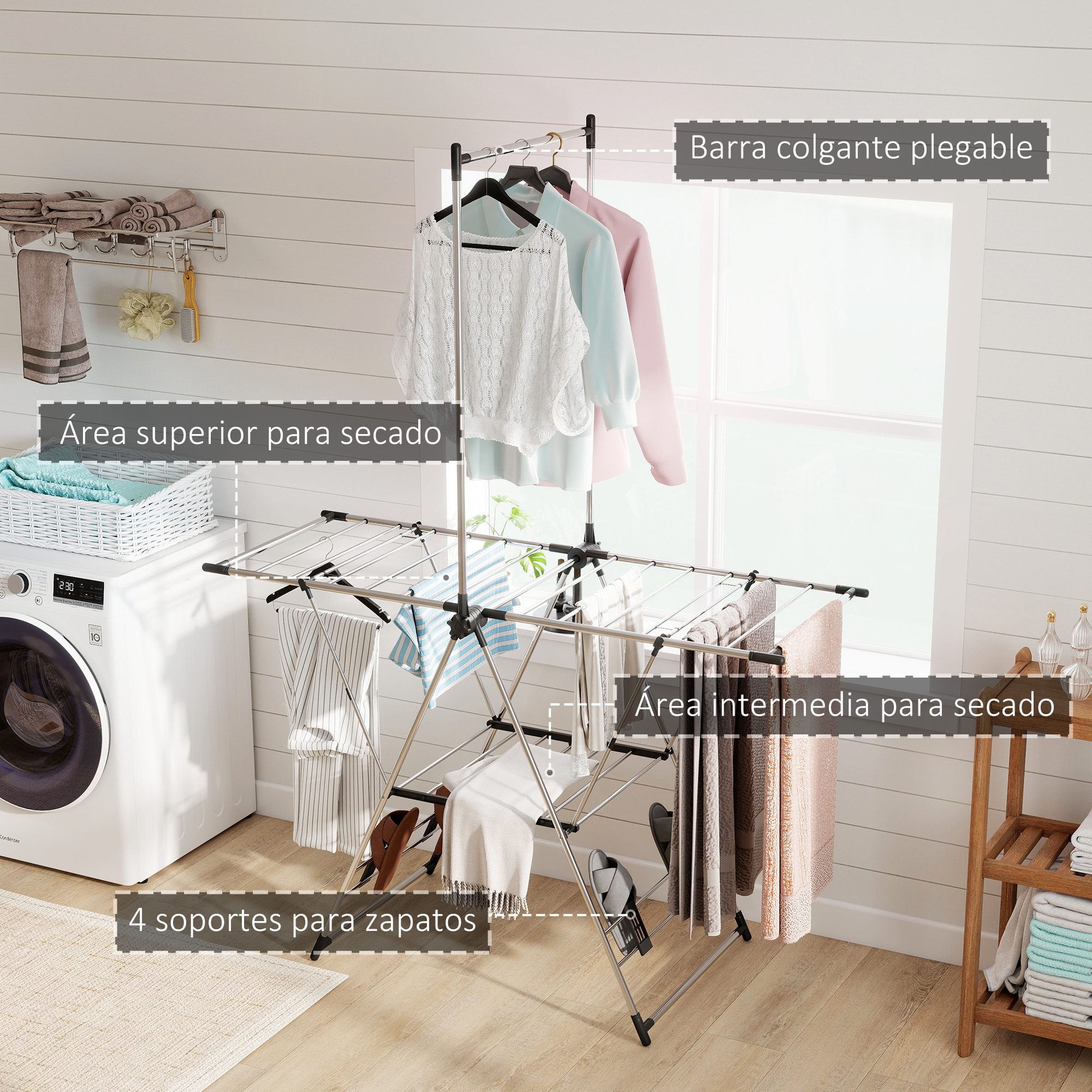 Tendedero Vertical Plegable, Tendedero de Ropa con Alas Ajustables en 5 Niveles, 4 Soportes para Calzado, Barra y Estante, Marco de Acero Inoxidable, para Interior y Exterior, Plata