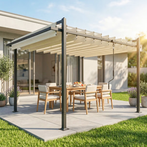 Pérgola de Jardín 3x3,8 m, Cenador de Jardín con Techo de Lamas Ajustable a 90°, Manivela, Estructura de Aluminio y Acero, Protección UPF50+, Pabellón para Exterior, Patio, Terraza, Beige