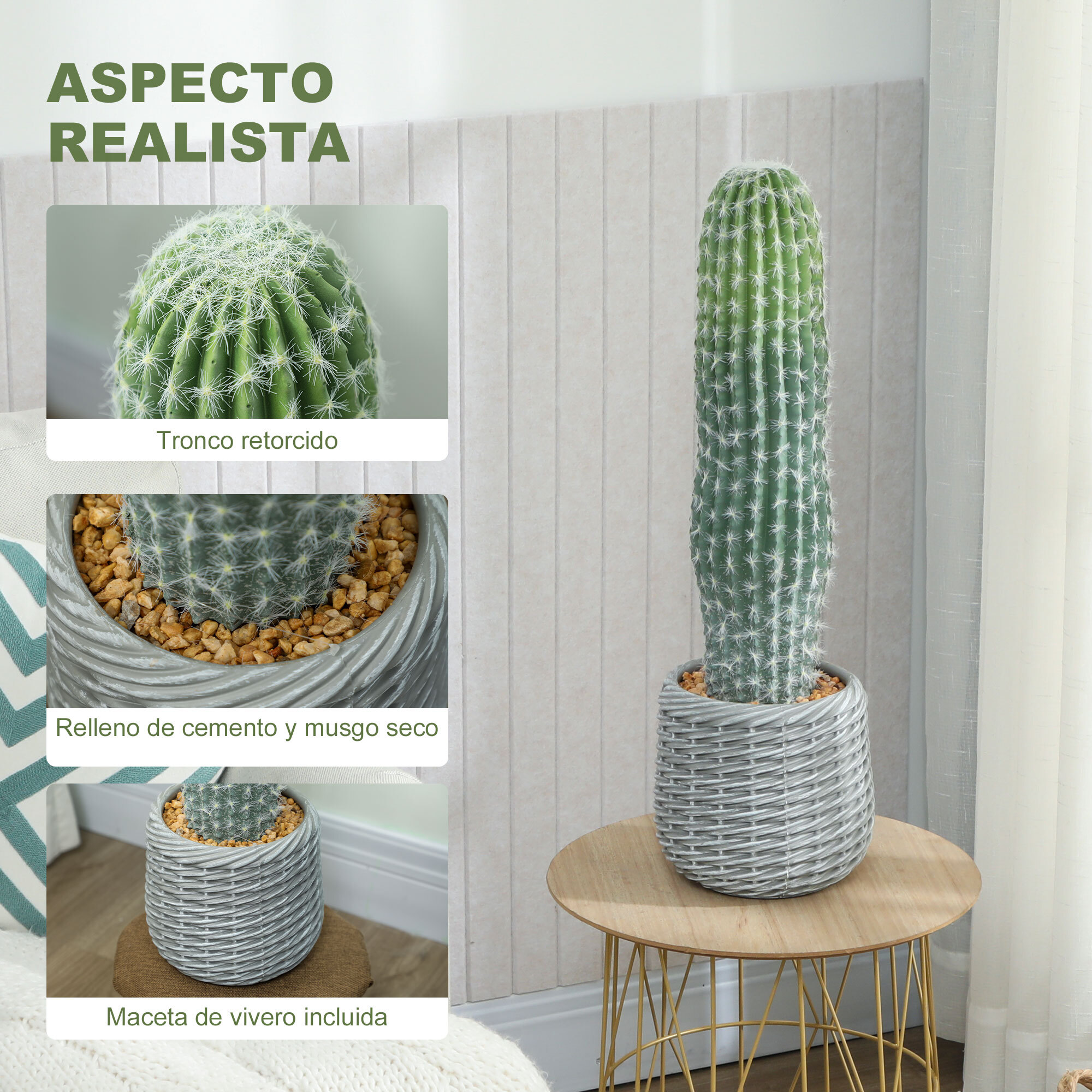 Cactus Artificial 66 cm, Planta Artificial Decorativa con Maceta, para Decoración del Interior, Hogar, Oficina, Salón, Verde