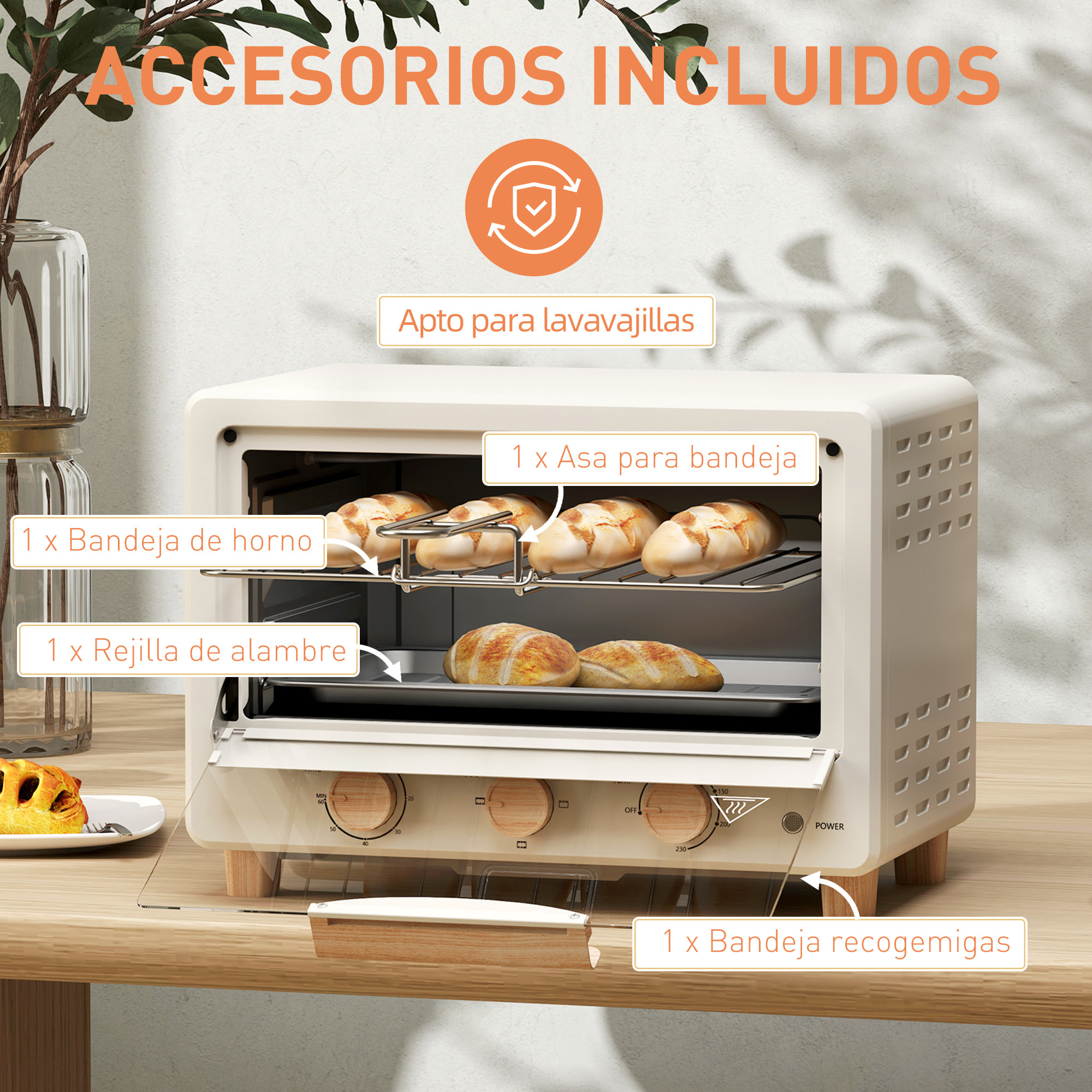 Horno Eléctrico de Sobremesa Horno Sobremesa de 16L 1400W Horno Eléctrico con Puerta de Vidrio Temporizador y Temperatura Ajustables hasta 230℃ Crema