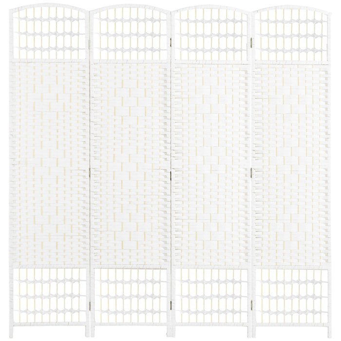 Biombo Separador de Ambientes de 4 Paneles 160x170 cm Divisor de Habitación Plegable de Cuerda de Papel y Marco de Madera Decoración para Dormitorio Salón Blanco