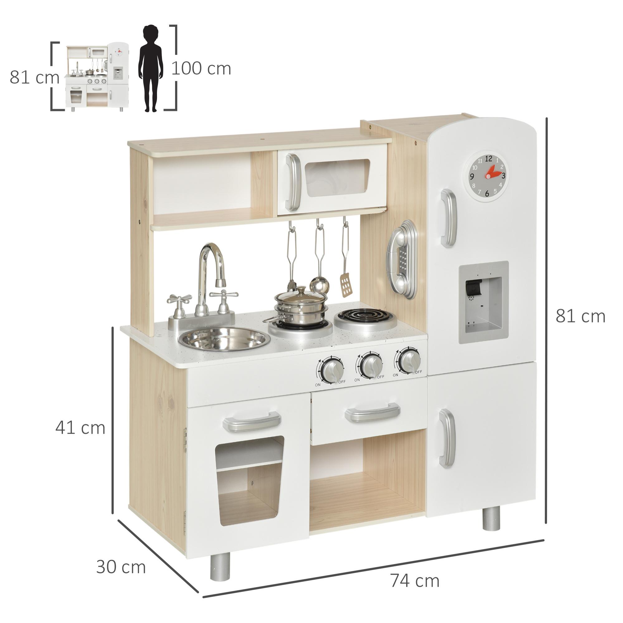 Cocina de Juguete de Madera con Fregadero Cocina de Inducción y Microondas Simulados con Accesorios Incluidos Cocina Infantil para +3 Años 74x30x81 cm Blanco