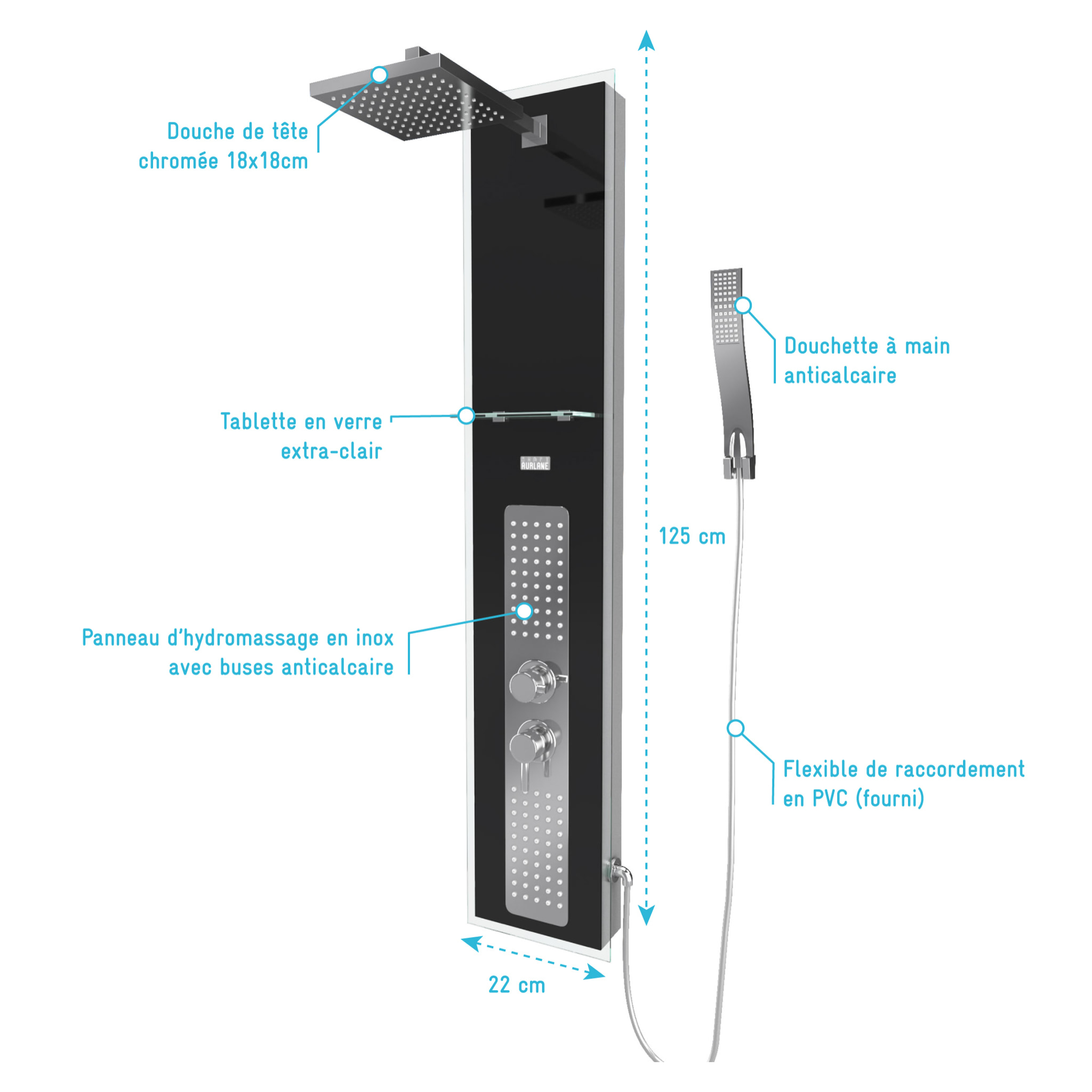 Colonne de Douche à Hydromassage 22x125cm - Verre Trempé avec plaque Inox - ALPHA BLACK
