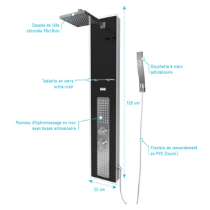 Colonne de Douche à Hydromassage 22x125cm - Verre Trempé avec plaque Inox - ALPHA BLACK