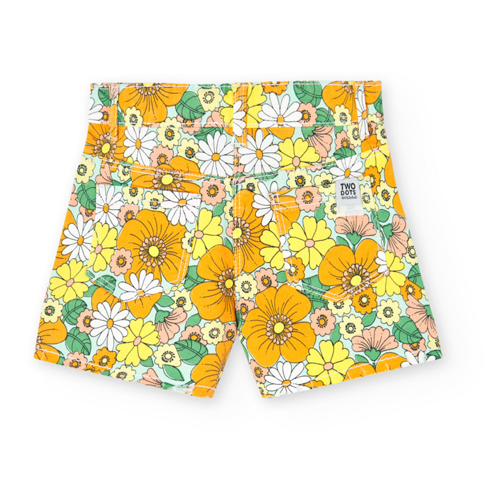 Short sarga elÃ¡stica niÃ±a estampada, flores, naranja