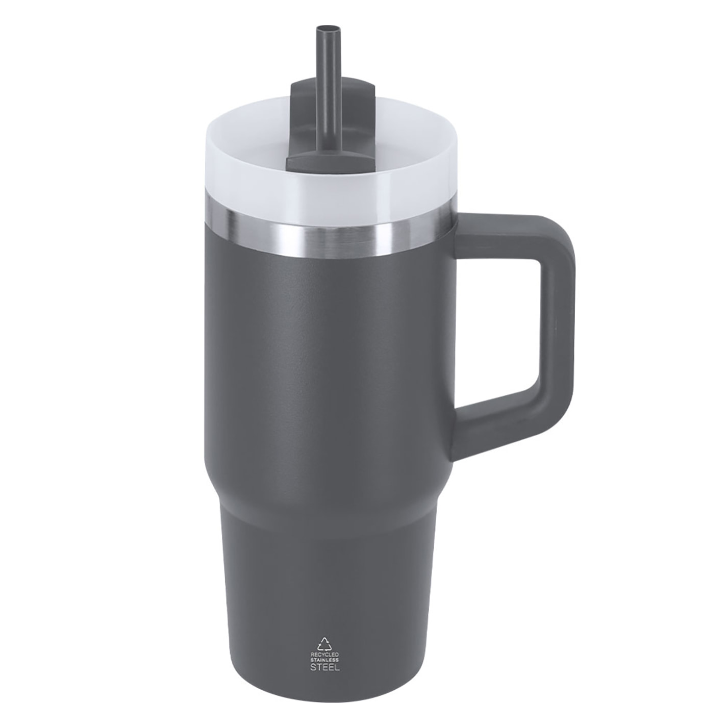 Tazza termica in acciaio inossidabile riciclato a doppia parete e capacità di 450 ml. Con coperchio a chiusura a pressione con foro per bere e coperchio scorrevole per cannuccia.