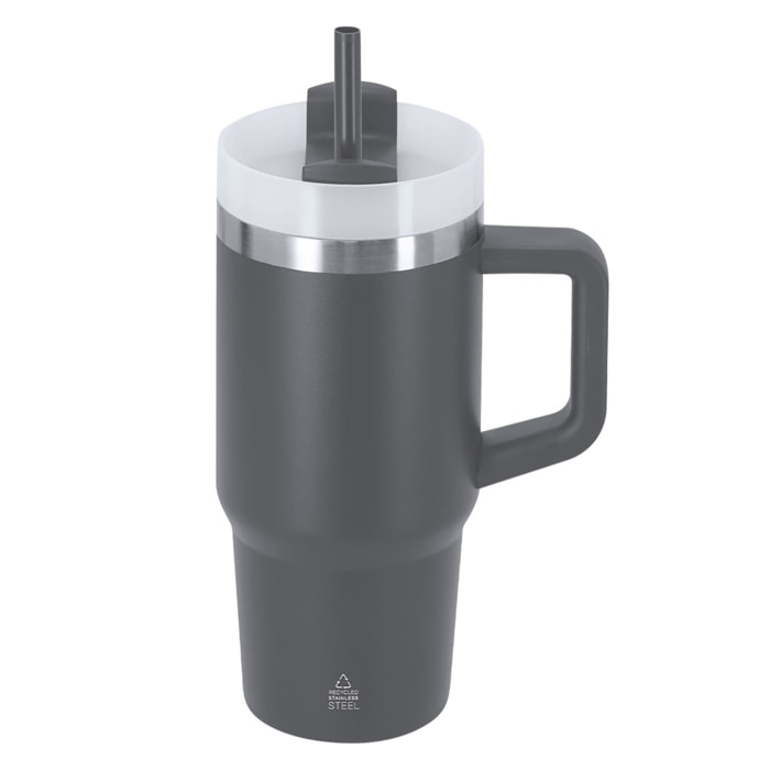 Tazza termica in acciaio inossidabile riciclato a doppia parete e capacità di 450 ml. Con coperchio a chiusura a pressione con foro per bere e coperchio scorrevole per cannuccia.