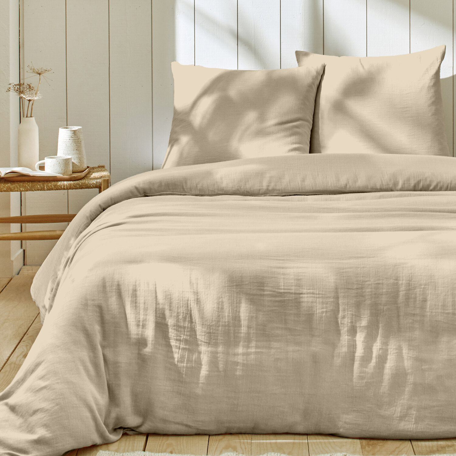 Parure housse de couette 3pcs 100% gaze de coton_beige lin