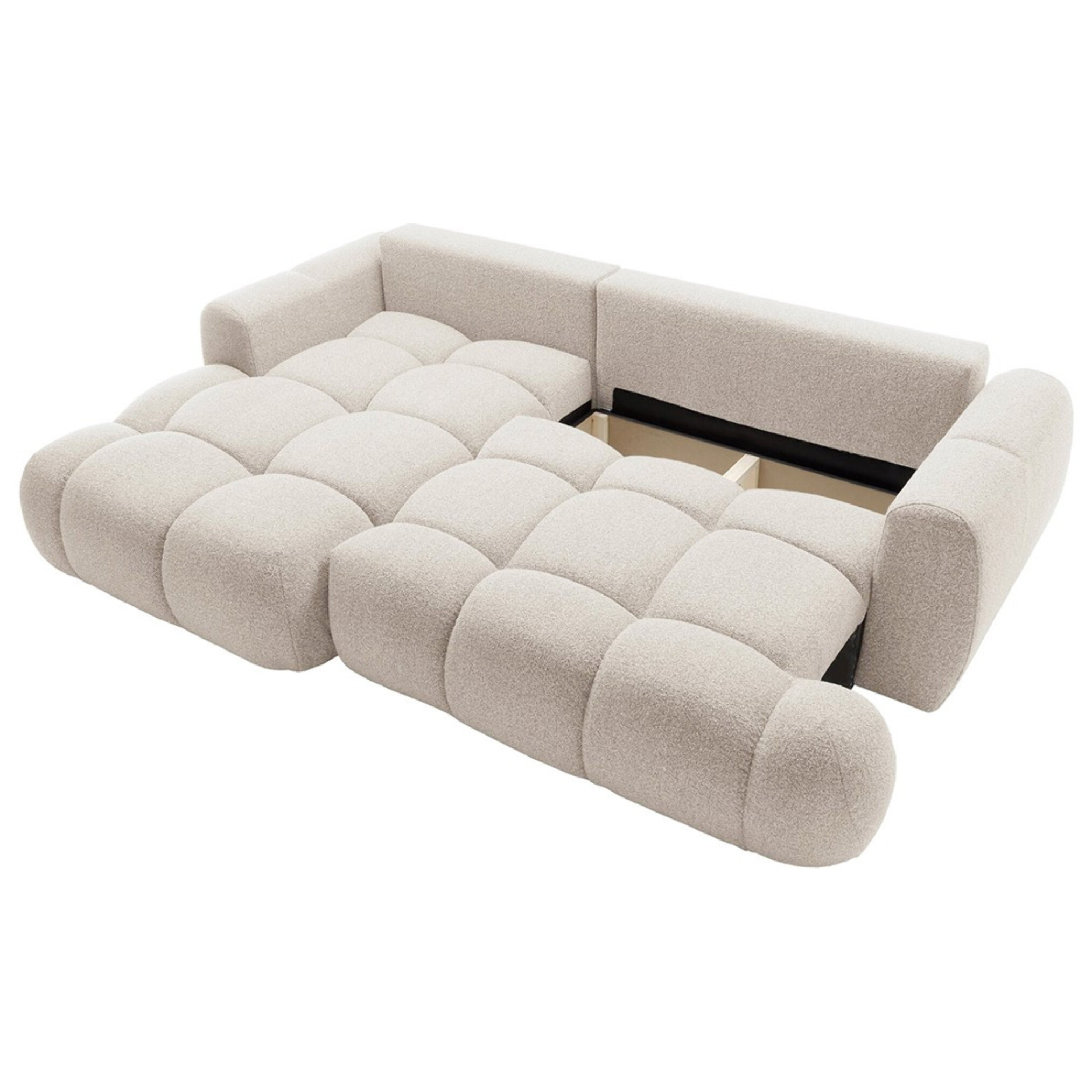 Yulin - Canapé d'angle gauche 4 places convertible avec coffre en tissu bouclette - Beige