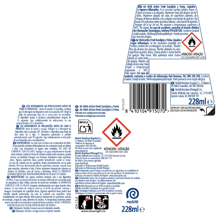 Air Wick Active Fresh Spray Automatico Sin Aerosol - Ambientador para casa con aroma a Vainilla y Madreselva - 4 Recambios (4x 228ml)