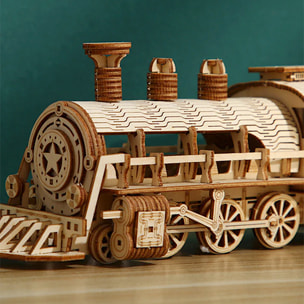 Maqueta de Madera 3D, diseño de trén de vapor con movimiento mecánico. 160 piezas.