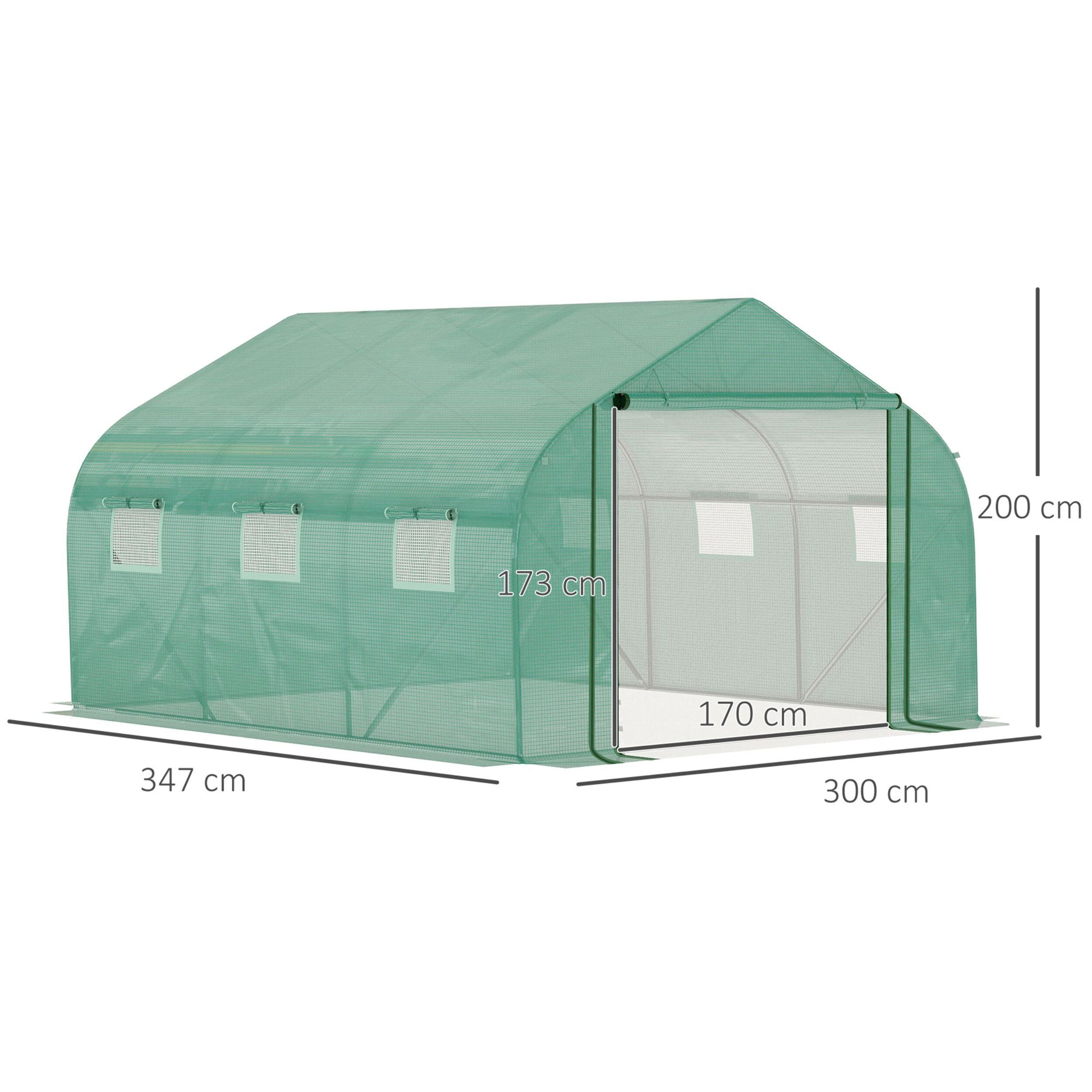 Invernadero de Túnel 3,5x3x2 m Invernadero de Jardín con Puerta y 6 Ventanas Enrollables de Polietileno Metal Galvanizado para Cultivos Plantas Flores Verde