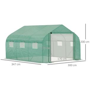 Invernadero de Túnel 3,5x3x2 m Invernadero de Jardín con Puerta y 6 Ventanas Enrollables de Polietileno Metal Galvanizado para Cultivos Plantas Flores Verde