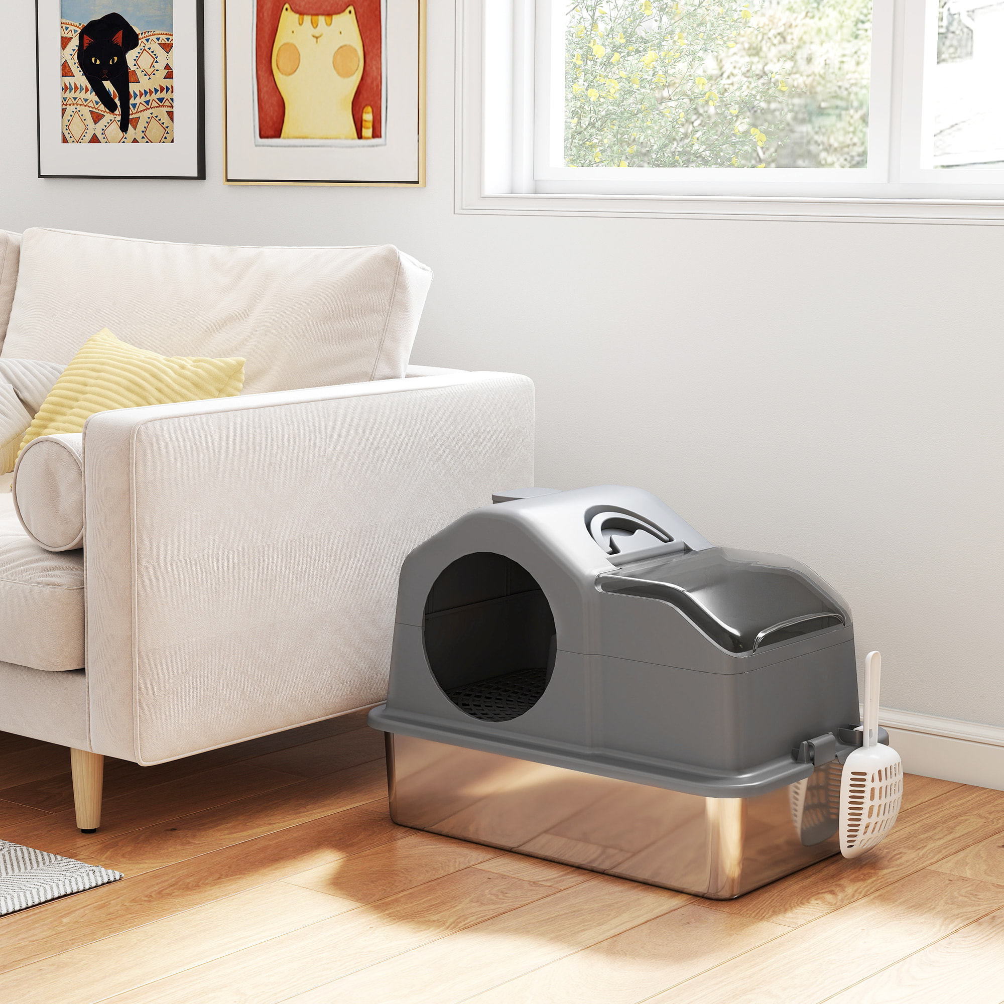 Maison de toilette bac à litière chat - 60 x 40 x 28 cm - pelle, poignée - acier inox plastique gris