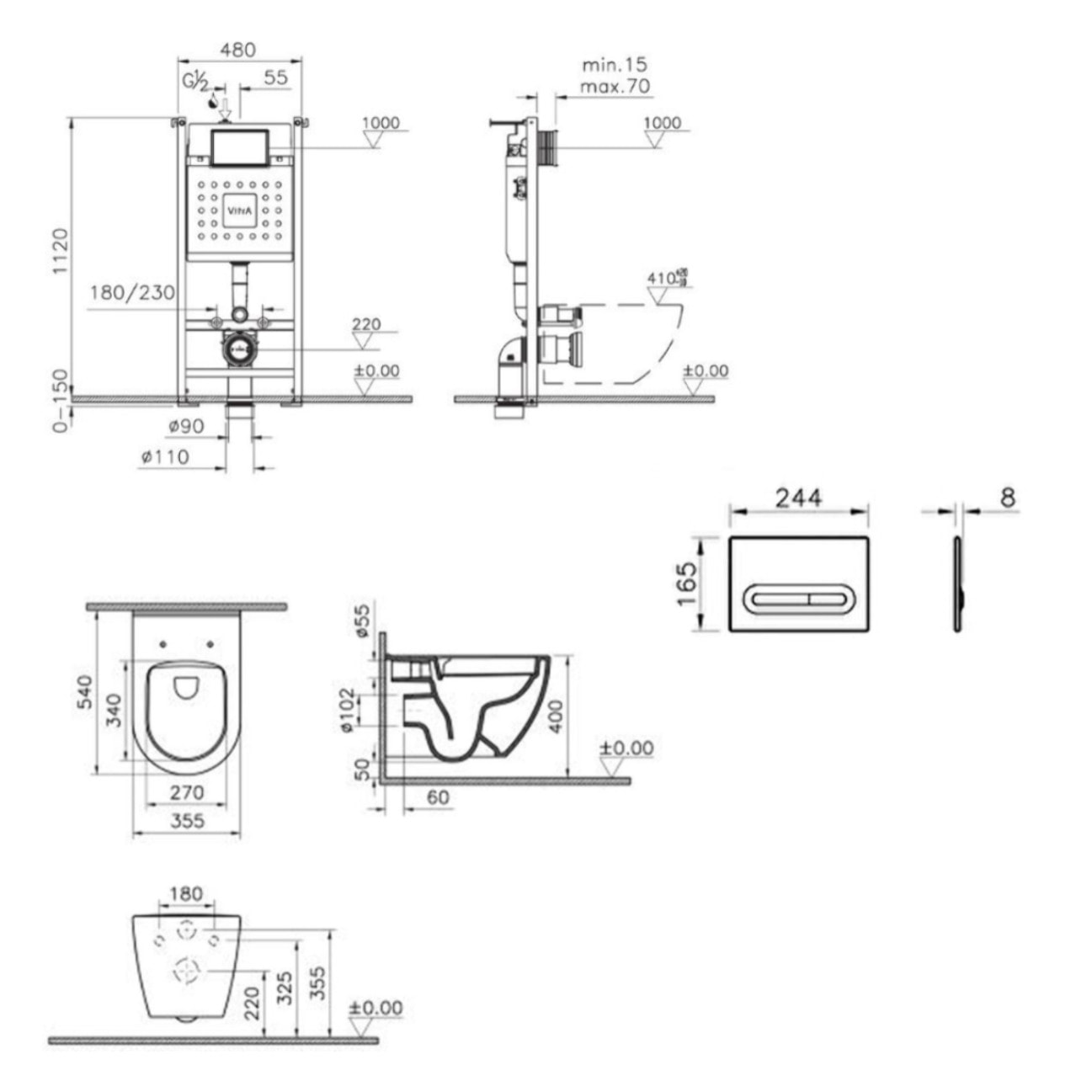 V-Fix Core Pack WC bâti-support + WC sans bride Vitra S60 + Abattant SoftClose + Plaque chrome mat (V-FixS60-5)
