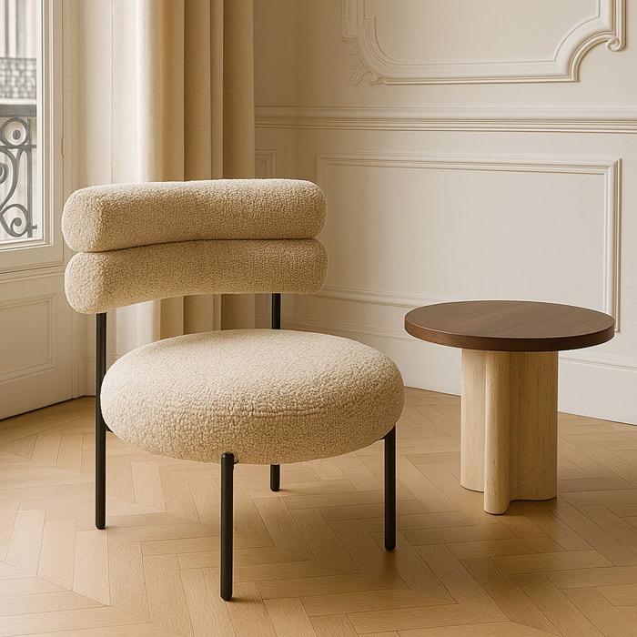 Fauteuil lounge en tweed beige avec pieds en métal noir GINA