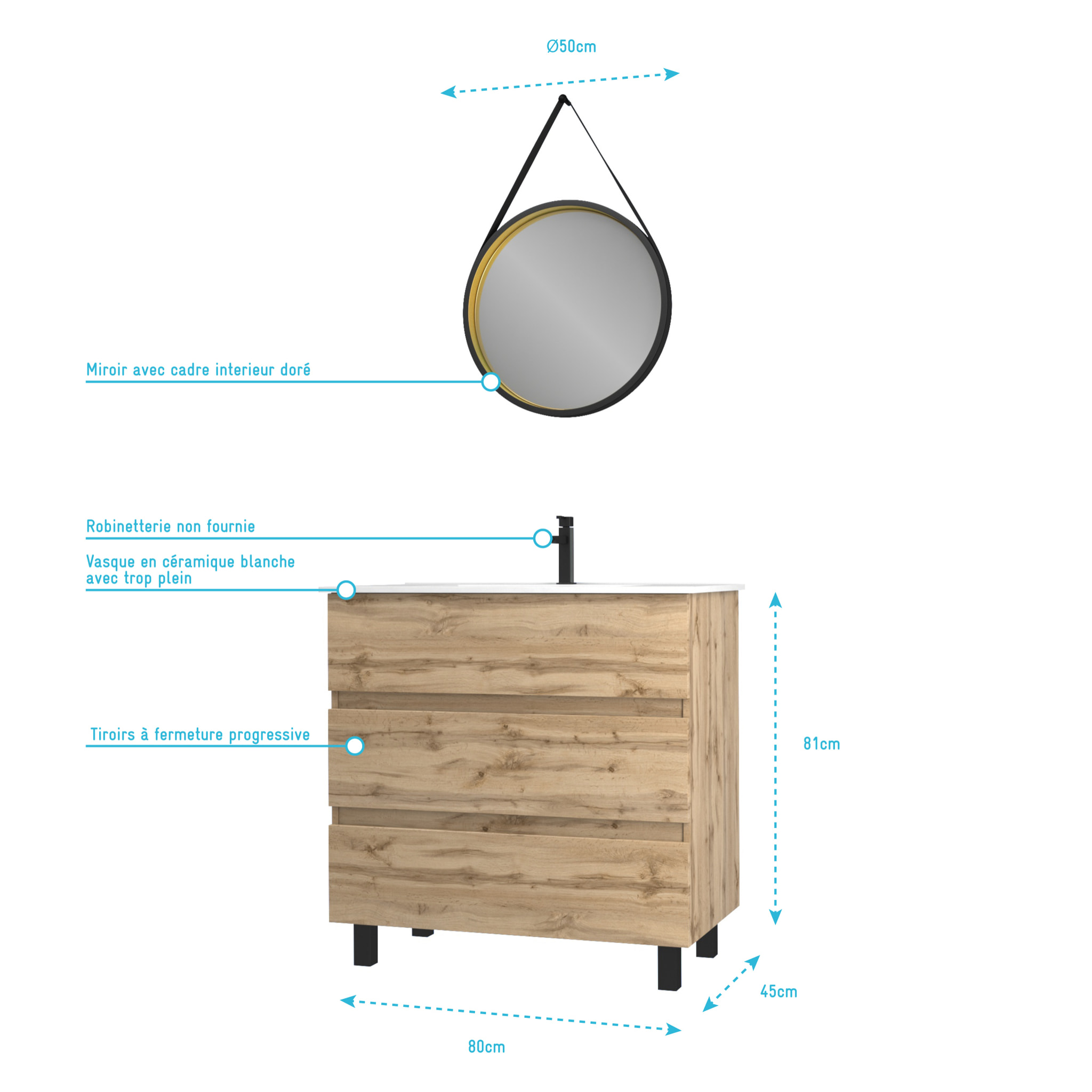 Pack Meuble SDB 80cm sur pieds 3 tiroirs Chene_Vasque blanche + Miroir Barber - TIMBER 80_Pack48