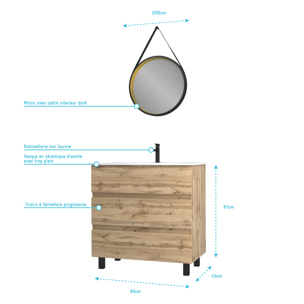 Pack Meuble SDB 80cm sur pieds 3 tiroirs Chene_Vasque blanche + Miroir Barber - TIMBER 80_Pack48