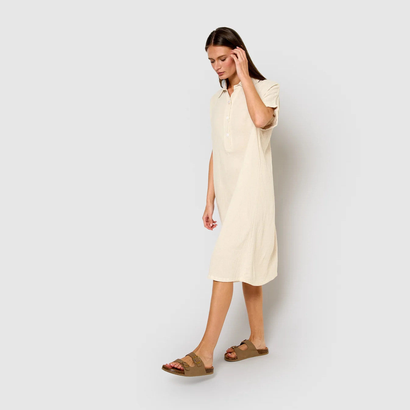 Vestido midi manga fluida muselina blanco