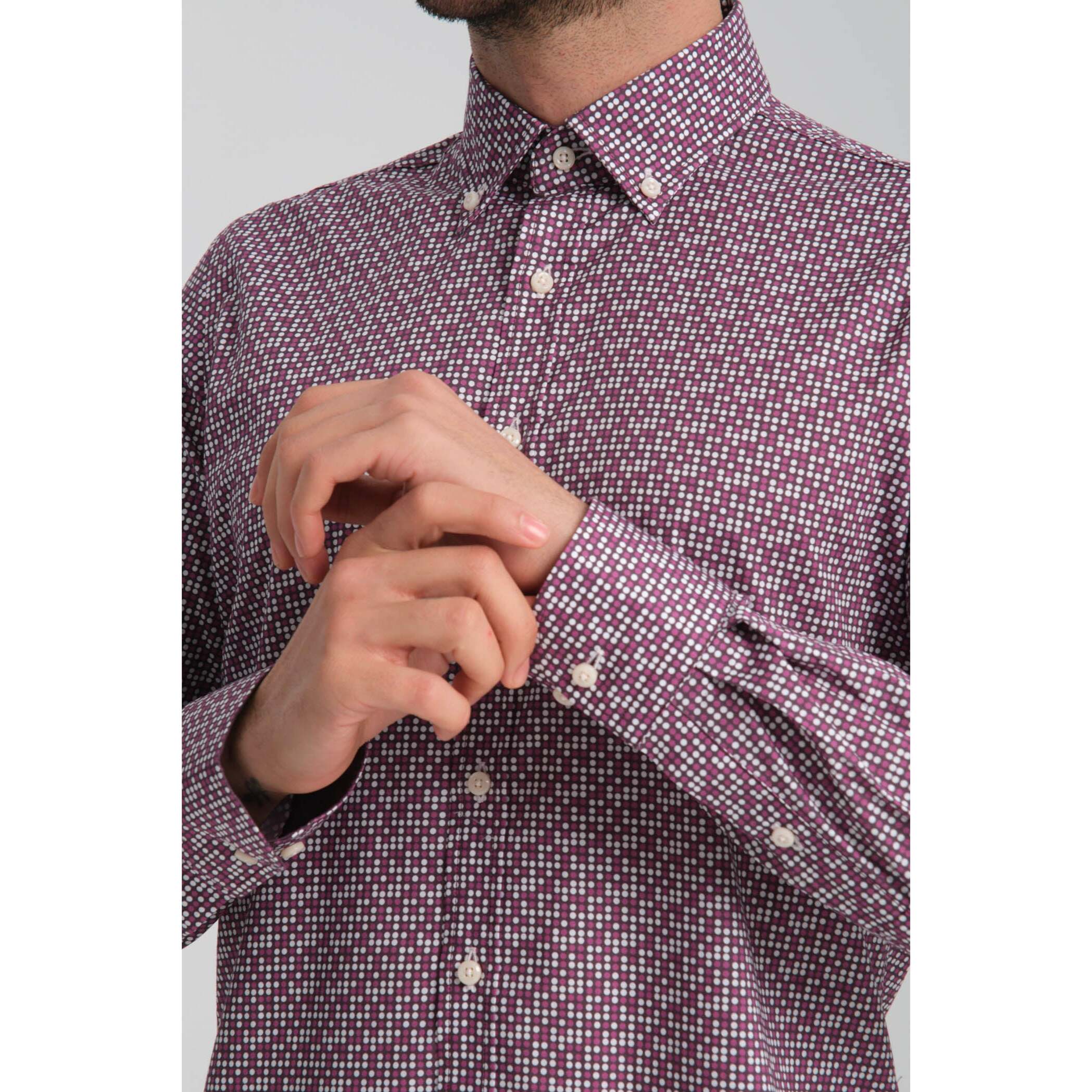 camicia uomo 1 bottone button down slim Popeline Stretch Stampato viola melanzana e viola ciclamino