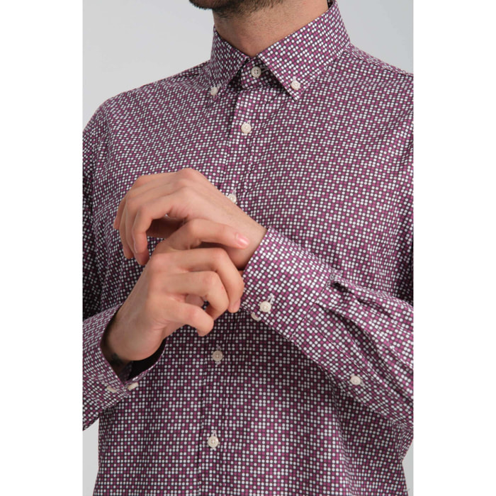 camicia uomo 1 bottone button down slim Popeline Stretch Stampato viola melanzana e viola ciclamino
