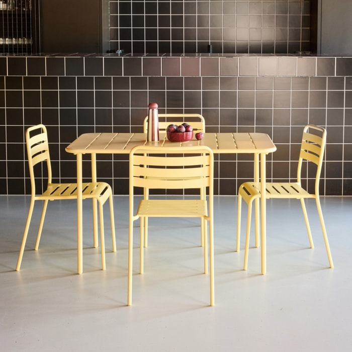 Table de jardin métal + 4 assises jaune en acier. Amelia. 120 x 70 x 72.5 cm