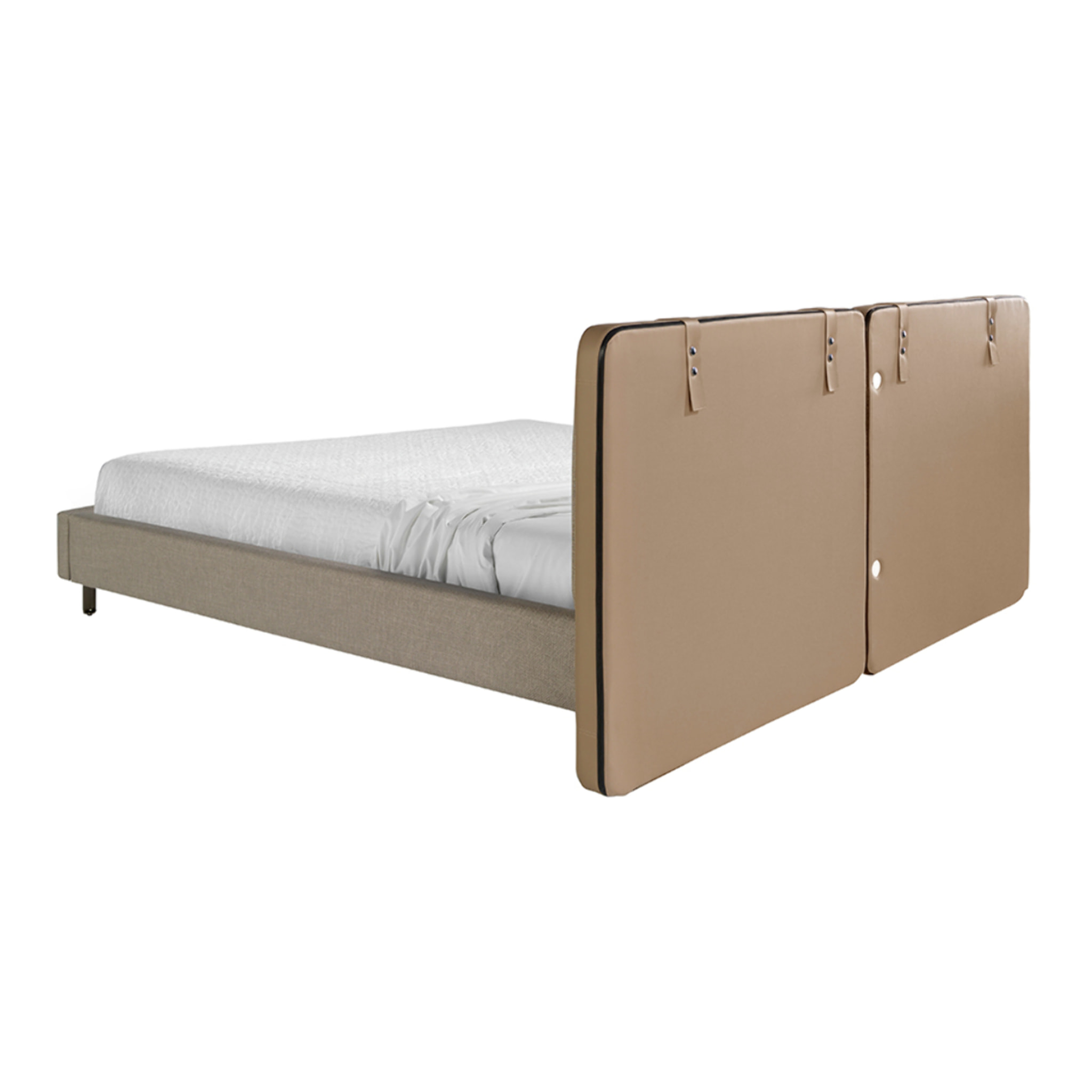 Cama de matrimonio con cabecero en polipiel visón y estructura de tela en gris con patas de acero inoxidable cromado oscuro 217x222x100cm