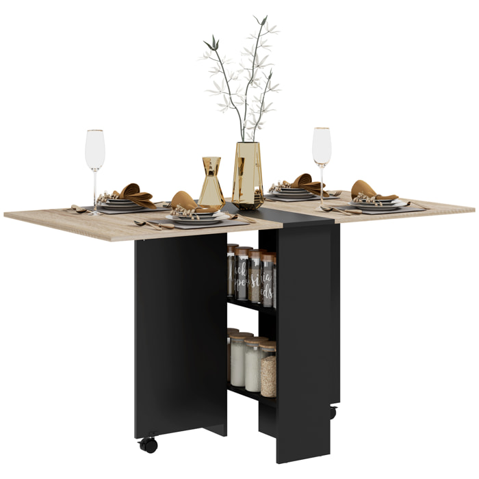 Mesa Plegable de Comedor Mesa de Cocina Plegable con Ruedas Alas Abatibles y Estantes Mesa Plegable para 4-6 Personas 75x140x74 cm Natural y Negro